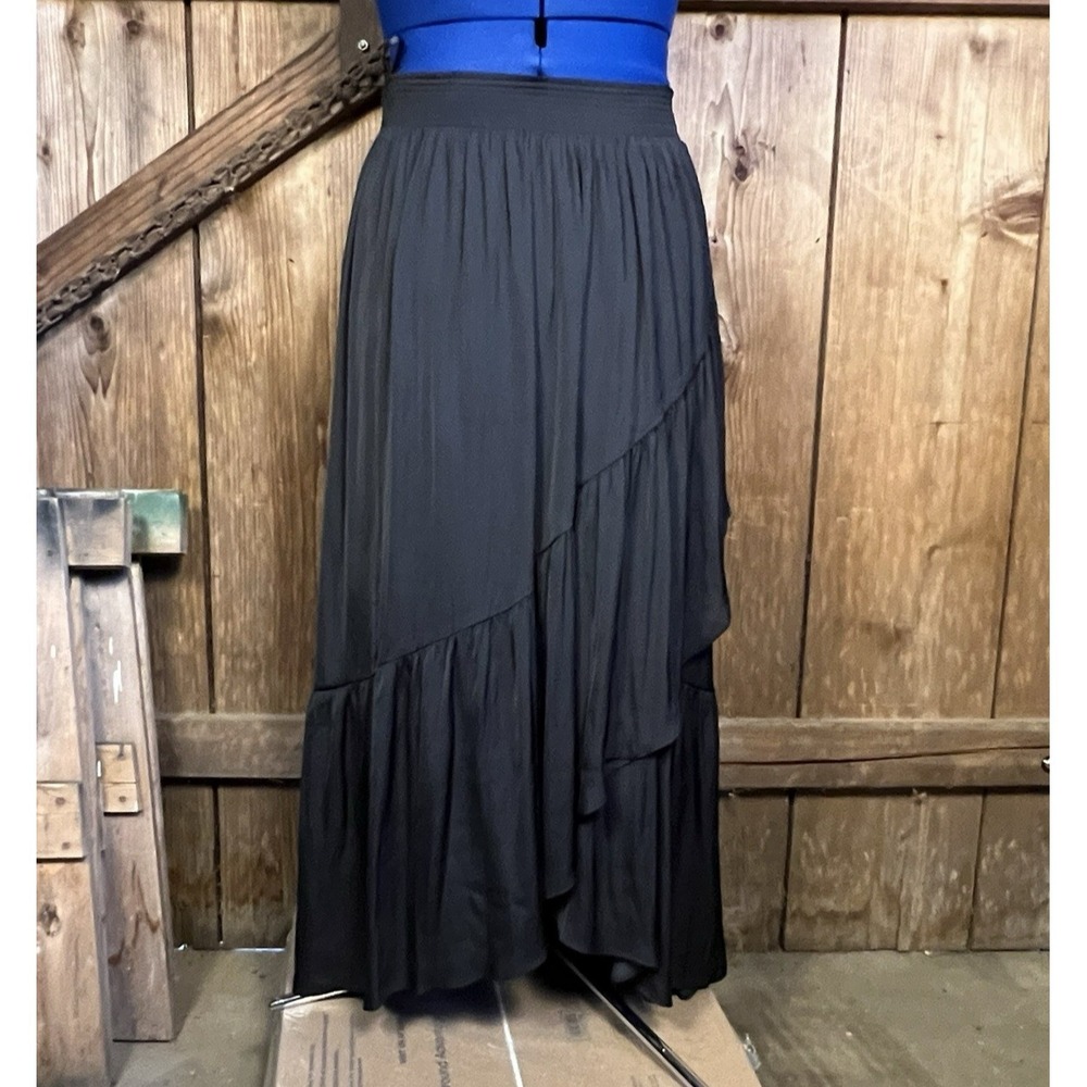 NWT White House Black Market Size L Ruffle Layered Long Skirt Black Maxi Boho